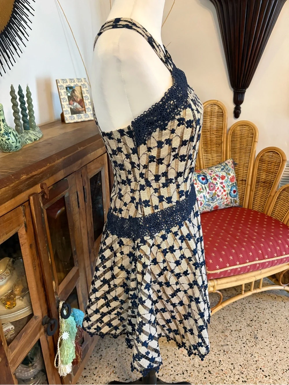 FOXIEDOX Anthropologie Cordelia Navy Blue Beige Lace Halter Dress! Gorgeous! S
